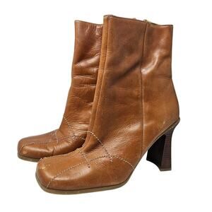 Vintage Y2K 7.5 Brown Leather Square Toe Boot Stitched Whimsygoth Boho Western
